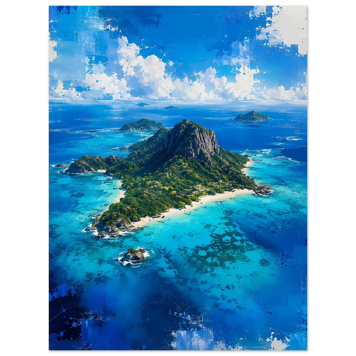 Poster hochformatig: tropische Insel mit Felsberg, Sandstrand und türkisblauem Meer.