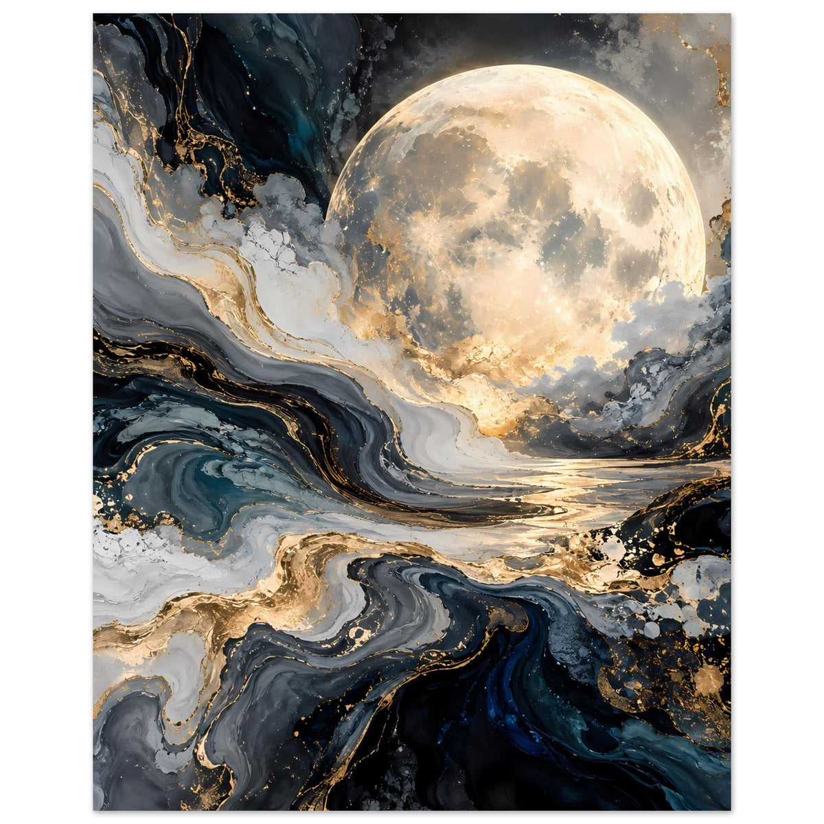 Vertikales Poster mit großem Vollmond, abstrakte blaue und goldene Swirls im Vordergrund