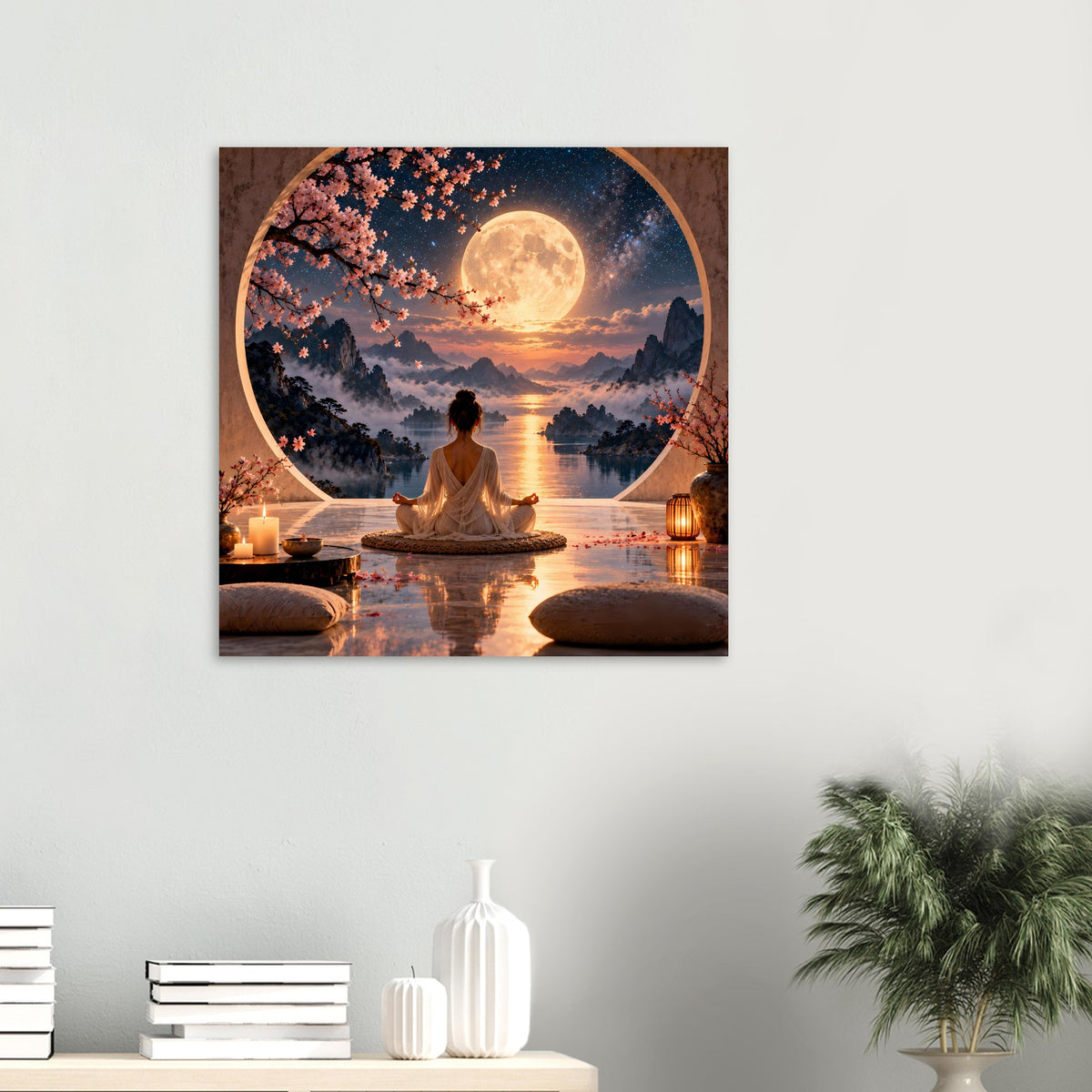 Zen-Meditationsposter klein an der Wand: Meditationsfigur, Mond über See, Kerzen und Laterne