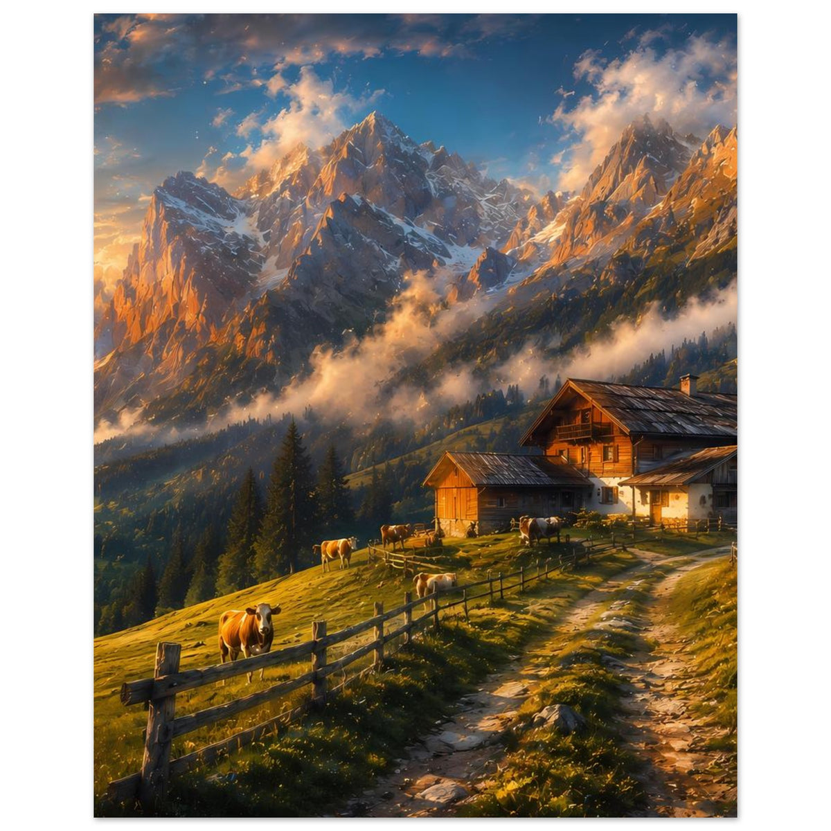 Hochformat-Poster mit Almhütte, Kühen am Zaun und Alpenbergen im warmen Abendlicht