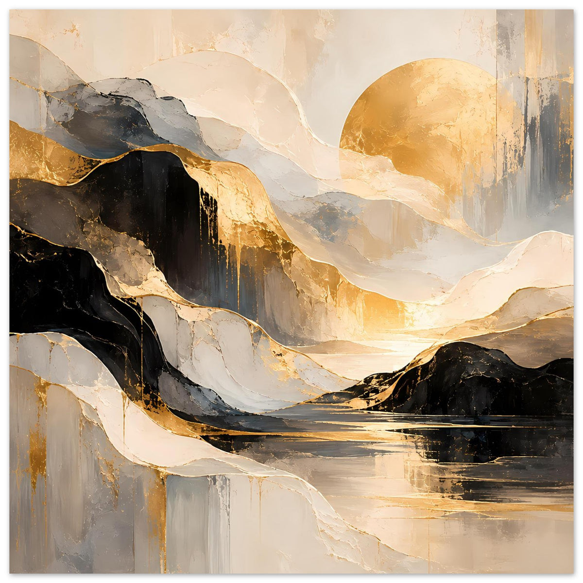 Horizontales Abstraktes Kunstposter: gold, schwarz und creme mit geschichteten Wellen und Fluss