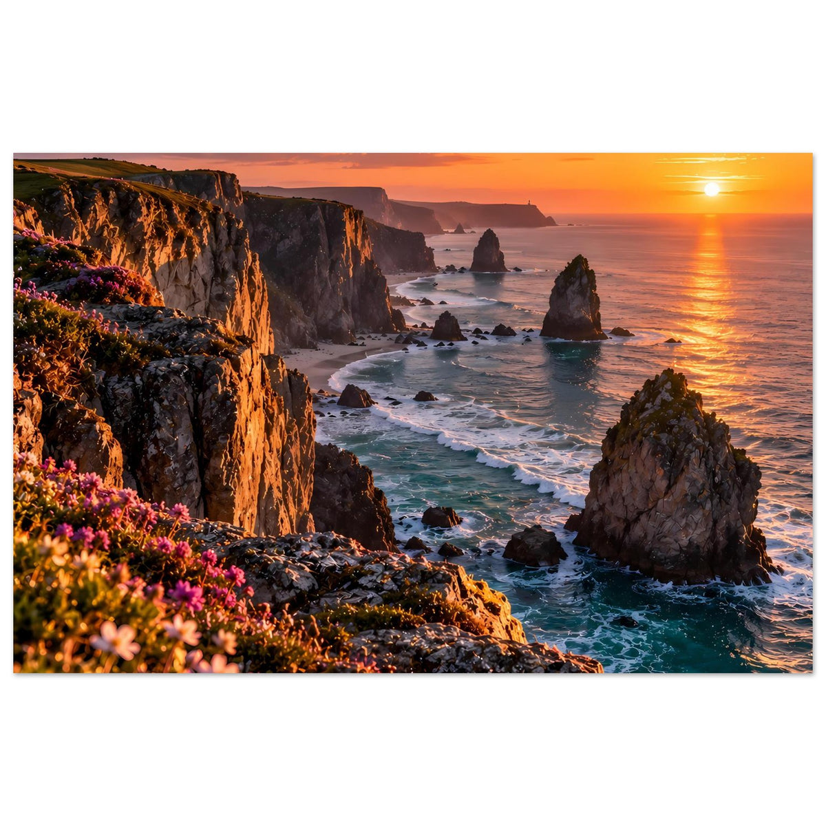 Horizontales Poster: Küstenlandschaft mit Felsenklippen, leuchtender Sonnenuntergang am Meer