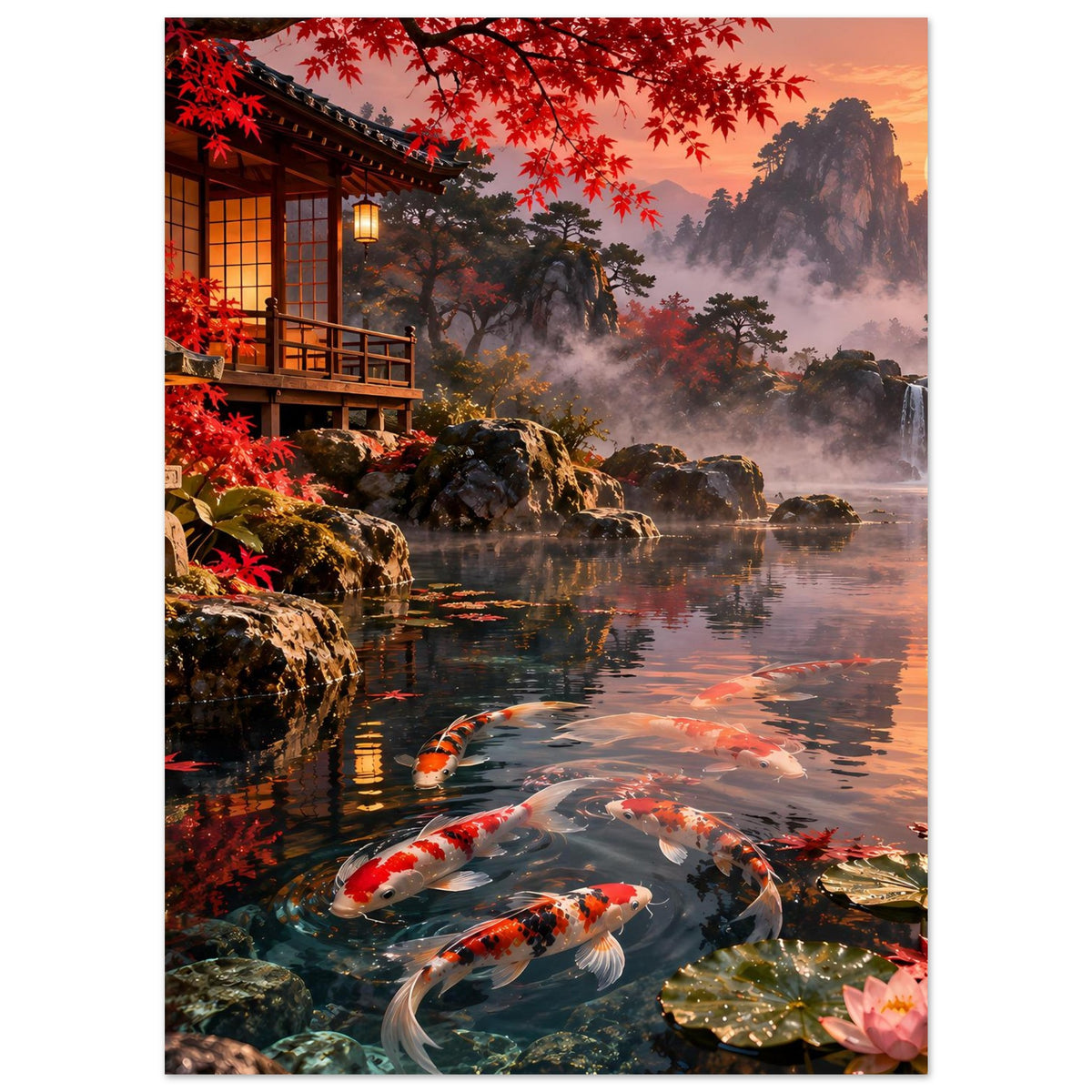 Poster mit Koi-Teichmotiv: Koi-Fische, Steine im Teich und Wasserfall im Hintergrund