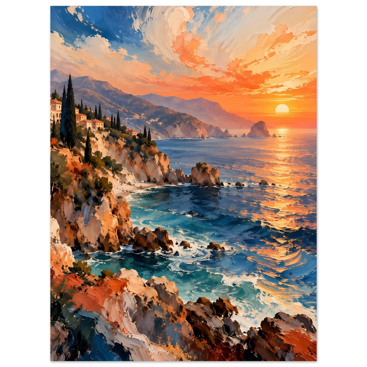 Küstenlandschafts-Poster mit Sonnenuntergang, Wellen an Felsen und warmem Himmel