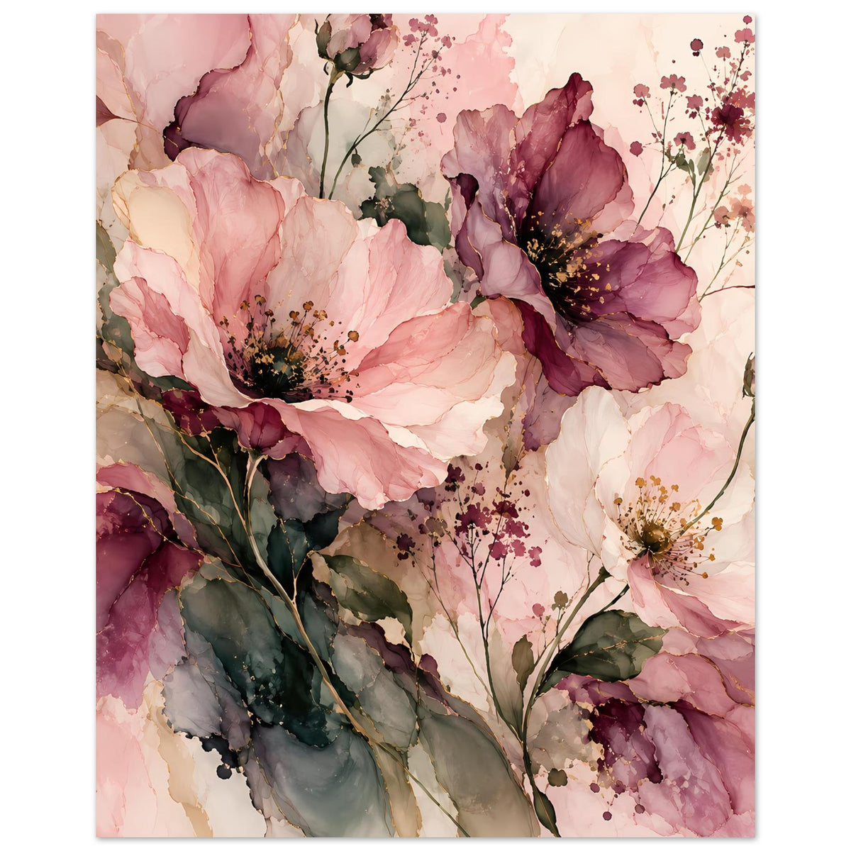 Blumenposter im Hochformat mit rosafarbenen und bordeauxroten Blüten, grünen Blättern