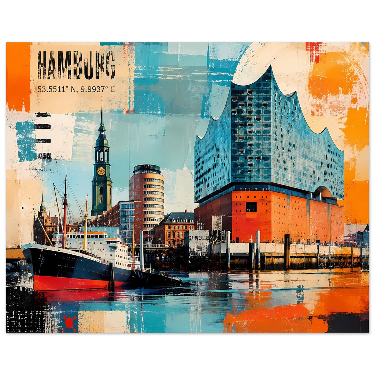 Hamburg-Poster mit Elbphilharmonie über dem Hafen, orangene und türkisfarbene Akzente