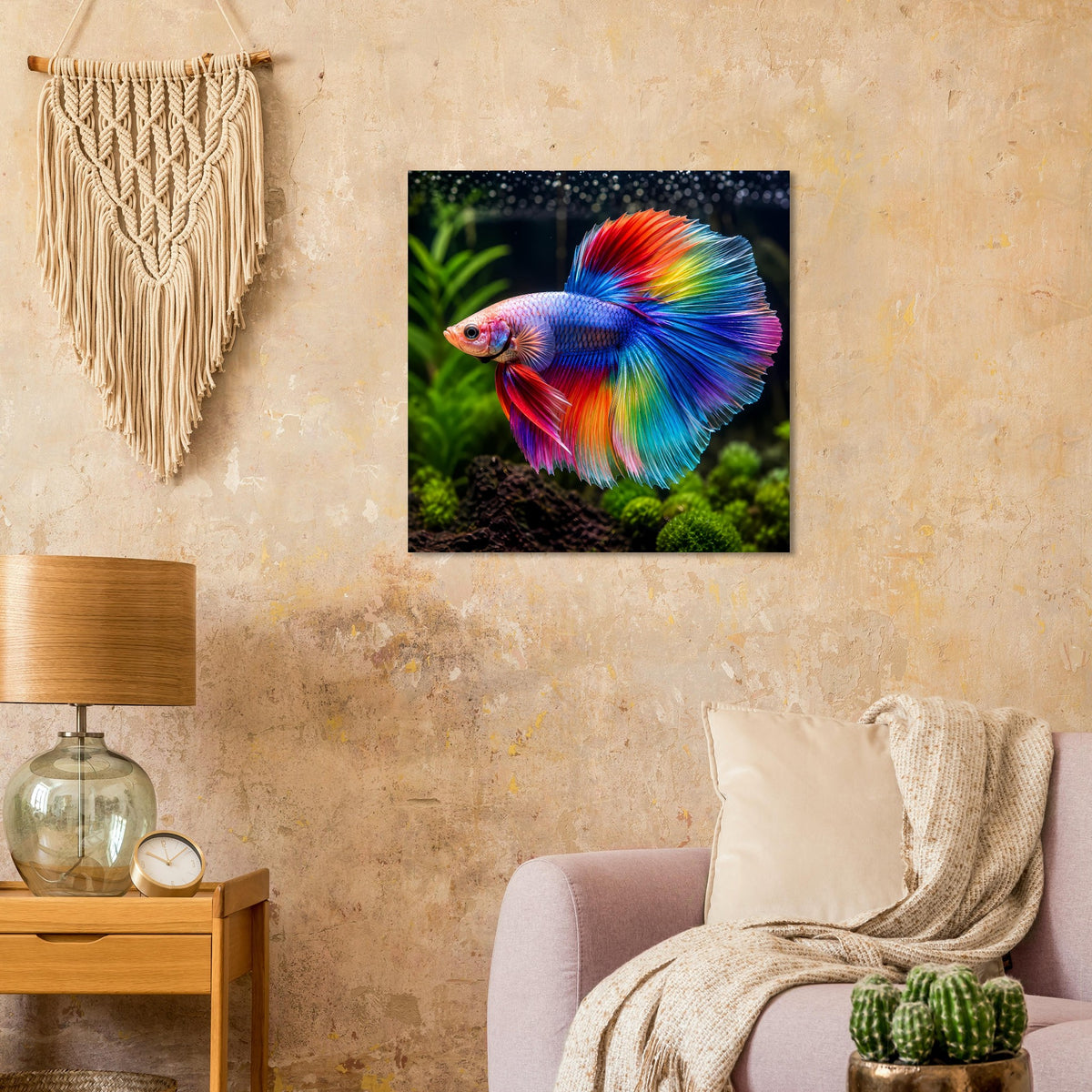Quadratisches Poster mit blauem Betta-Fisch und geöffneten Regenbogenflossen