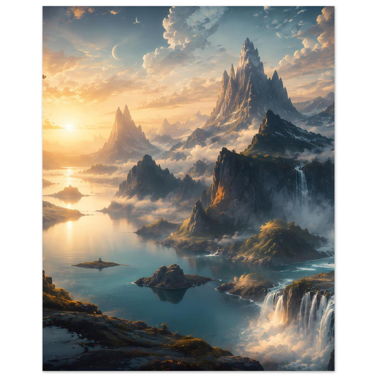 Vertikales Poster mit Bergmassiv, Wasserfall und Nebel über dem See