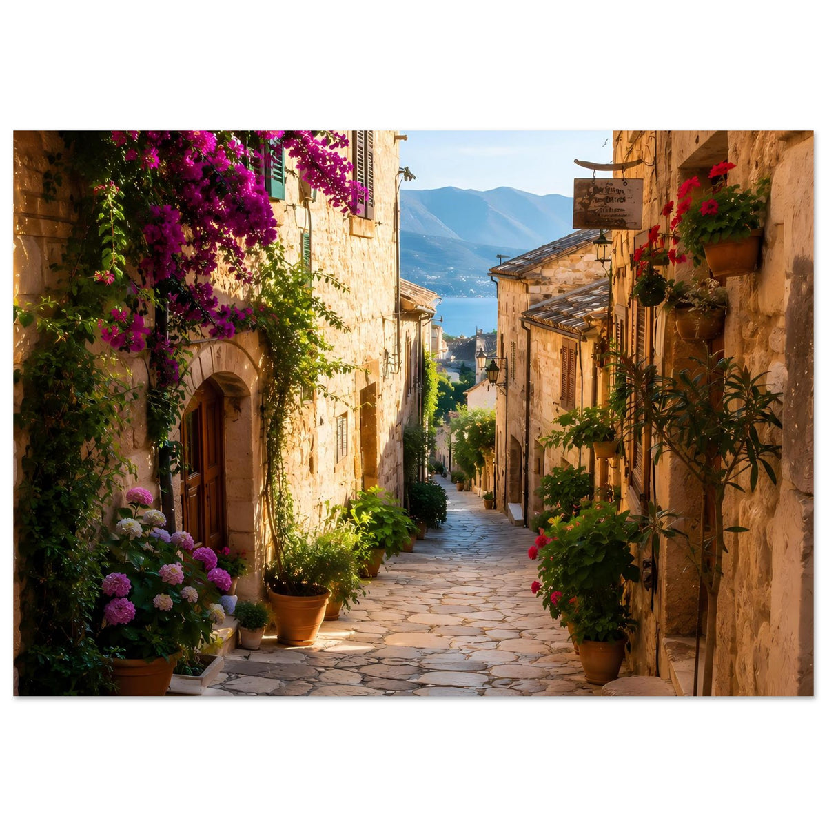 Poster im Querformat: Blick in eine Altstadtgasse mit violetten Blüten und Pflanzgefäßen