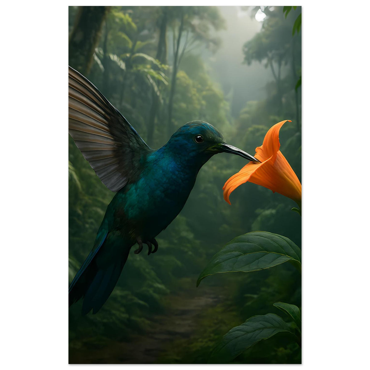 Dschungelposter im Hochformat: blauer Kolibri mit orangefarbener Blüte, Blätter klar sichtbar