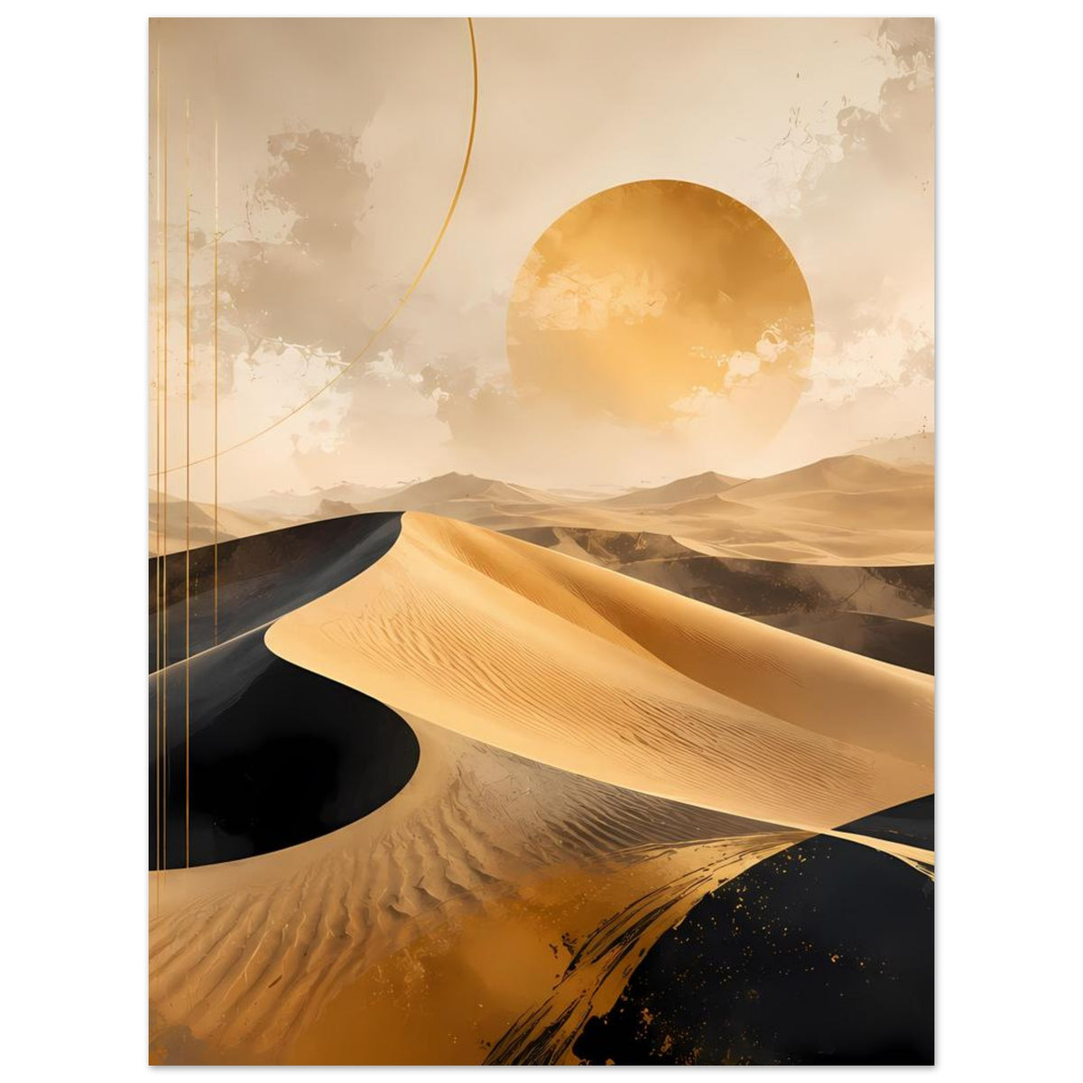 Wüstenposter mit goldenen Dünen, schwarzem Sand und Sonnenscheibe, Querformat