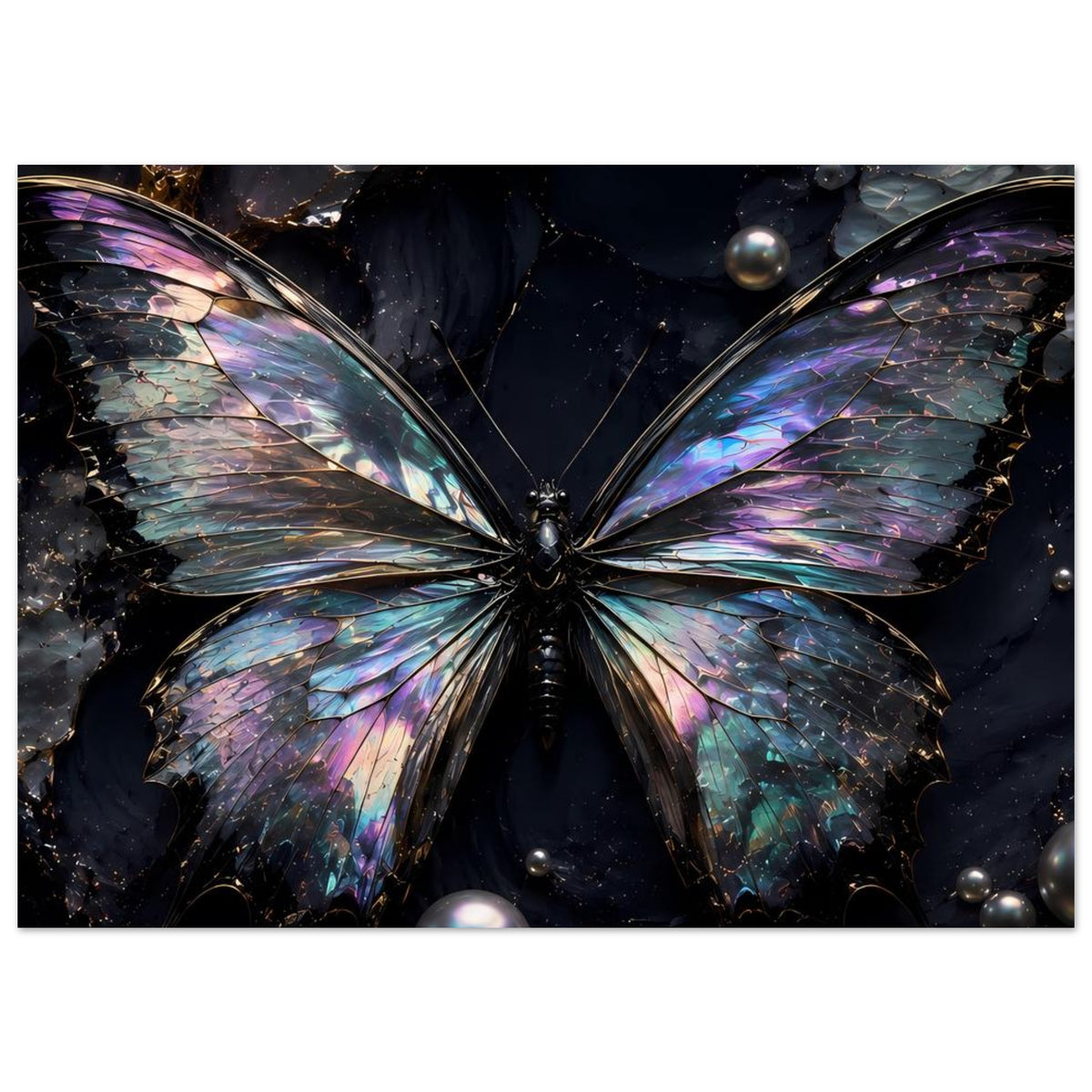 Schmetterling-Poster, Nahansicht: schillernde Flügel in Blau, Violett und Türkis