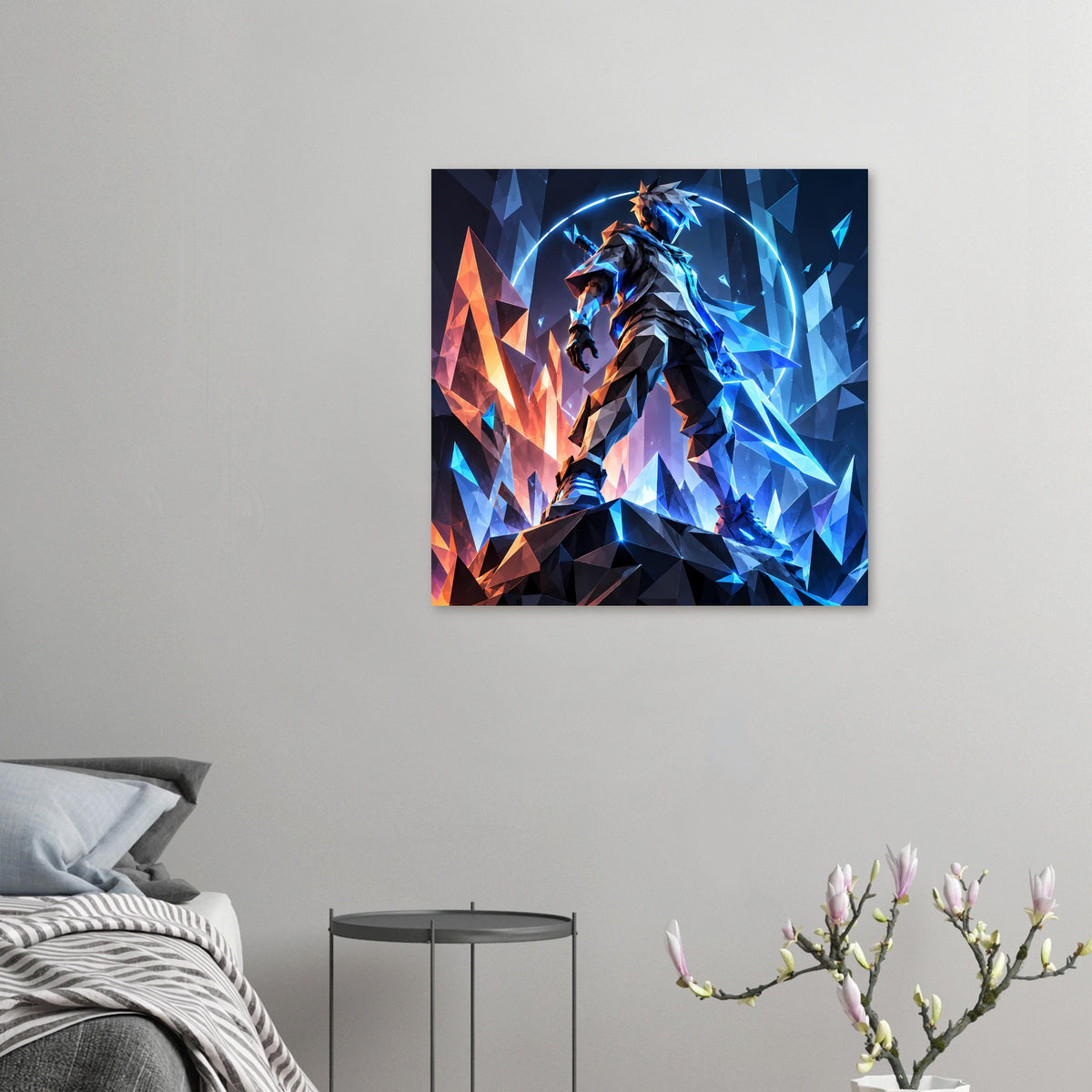 Premium-mattes Poster, kleines Format: futuristischer Krieger in Schwarz mit blau-orange Neon-Geometrie