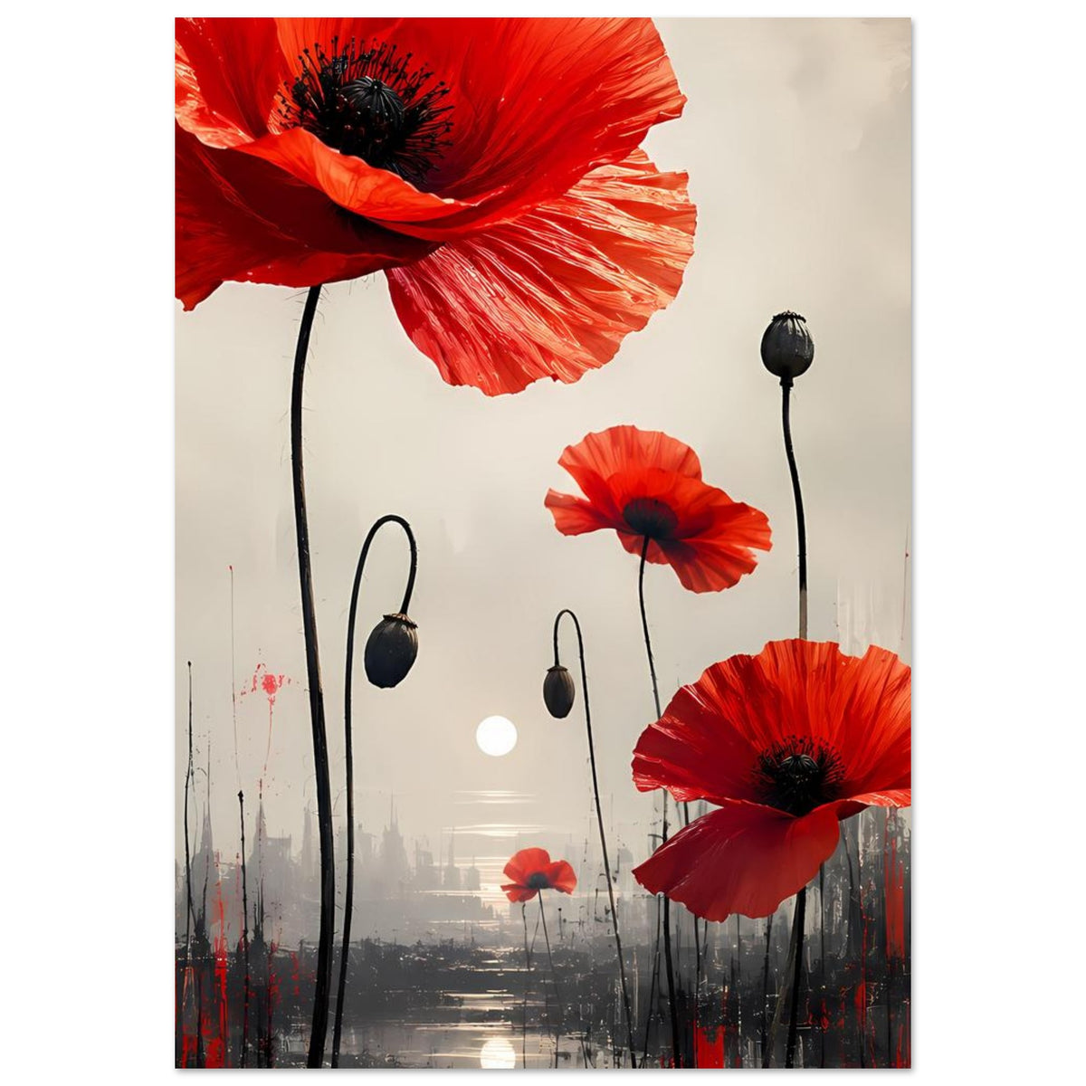 Poster mit roten Mohnblumen, großen Blüten im oberen Bereich und schwarzen Stielen