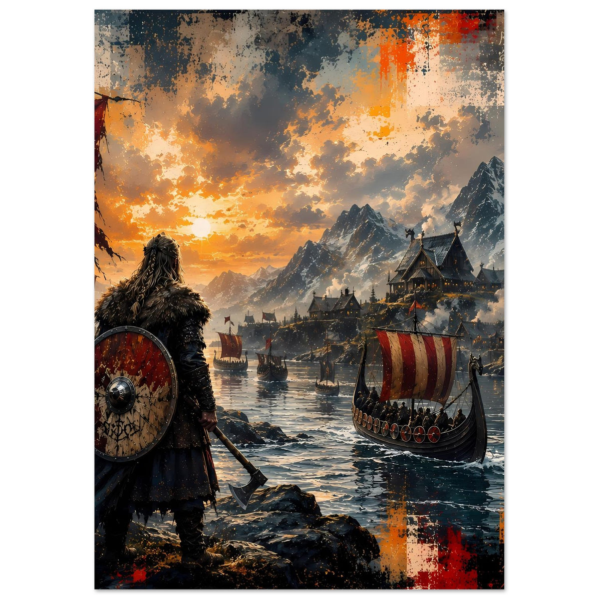 Wikinger-Poster mit Krieger links, Langschiff mit roten Streifen und Bergen im Abendhimmel