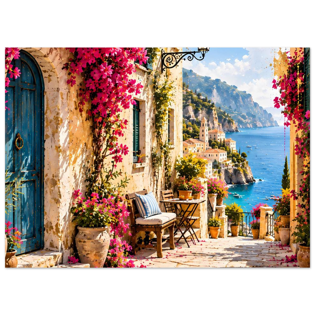 Horizontales Poster: mediterrane Gasse mit pinken Blüten, blauer Tür und Meerblick