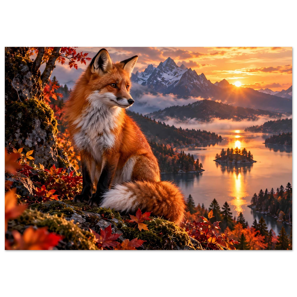 Querformat-Poster mit Fuchs im Herbst: orange Laub, Sonnenuntergang, Berge und See