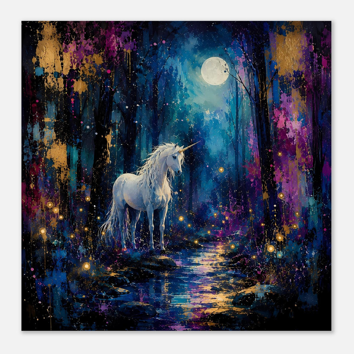 Einhornposter mit silbernem Einhorn, Mond über Nachtwald und funkelnden Glanzlichtern