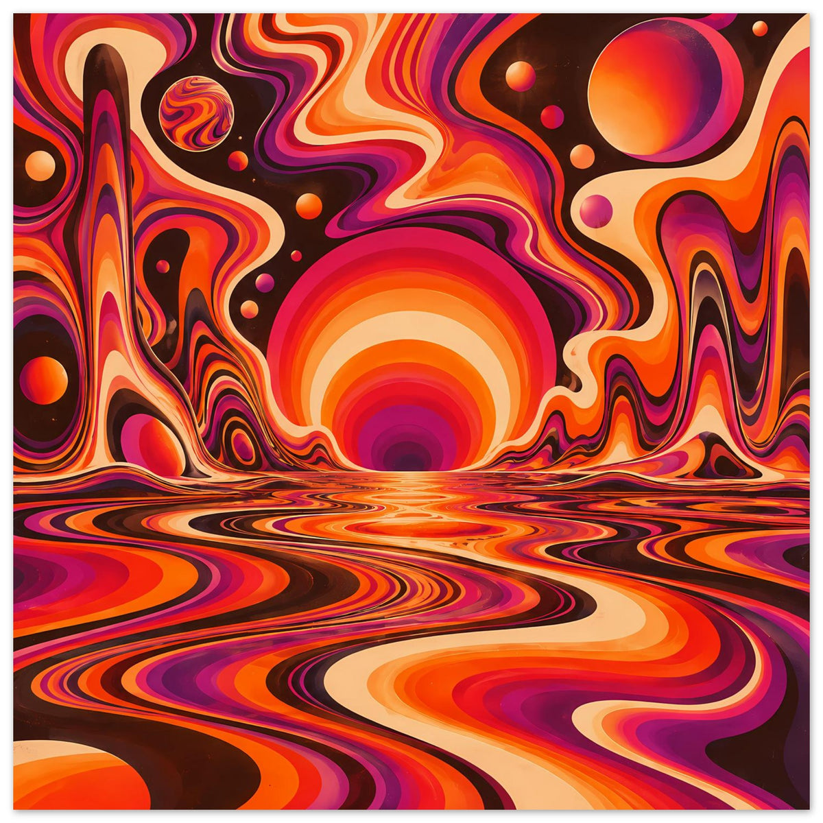 Horizontales Poster: orange, pink und violette Schlieren-Wellen mit runder Sonnenform