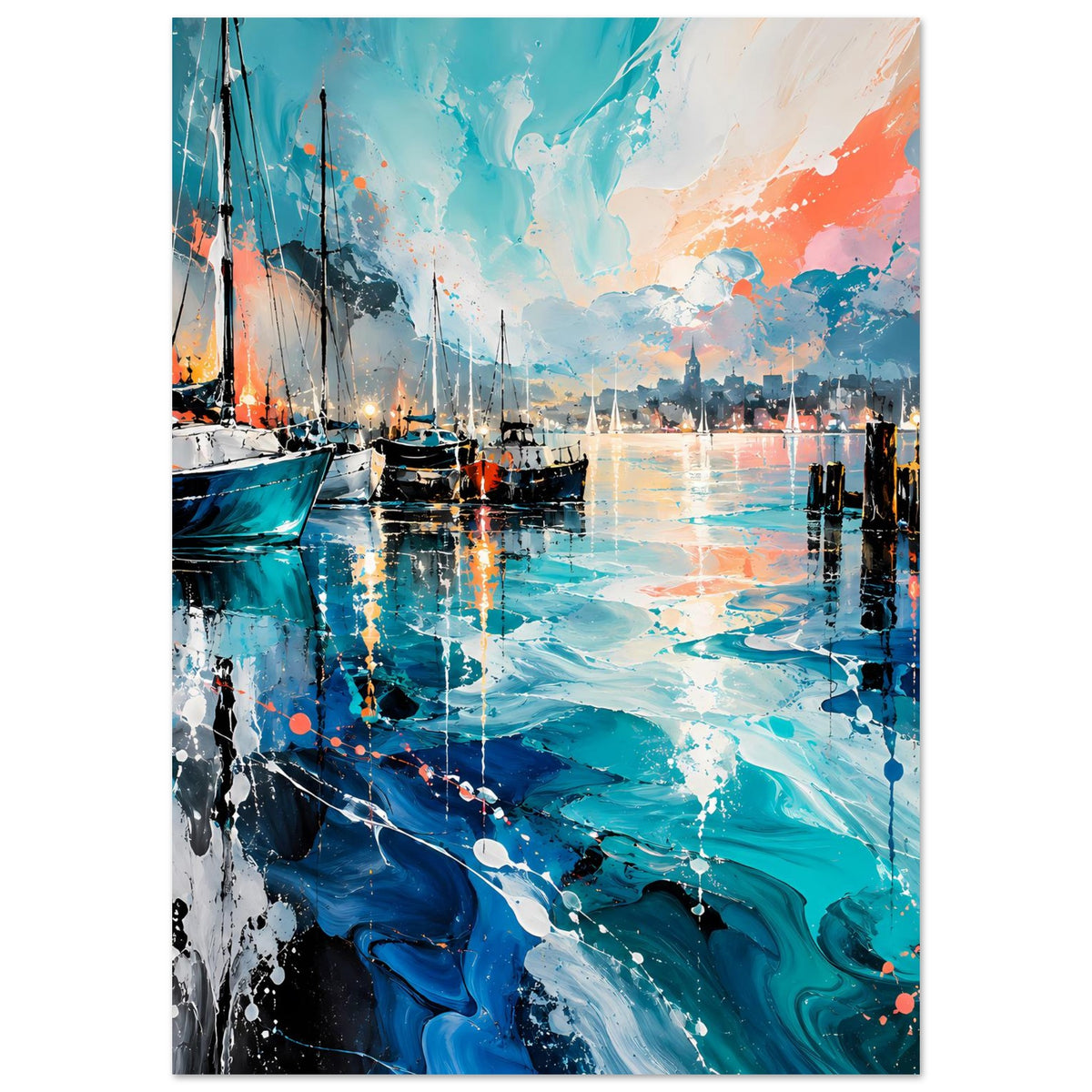 Hochformat-Poster mit abstrakter Hafenlandschaft, Segelboote links, farbiges Wasser
