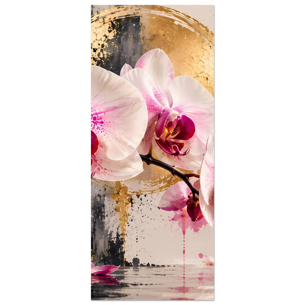 Orchideen-Poster, vertikal: weiß-rosa Orchideenblüten mit goldfarbenem Bogen