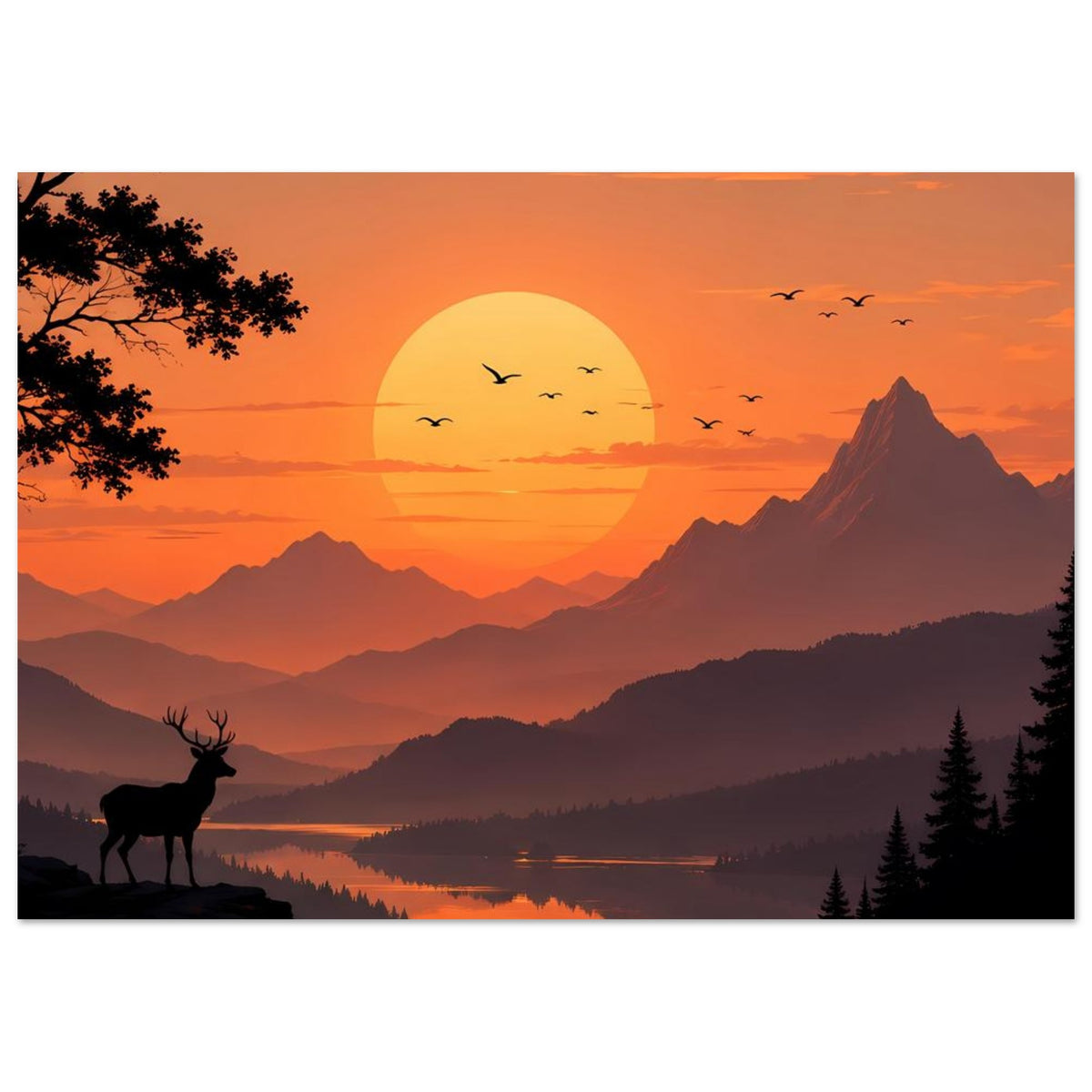 Poster mit goldener Sonne über Bergkämmen, Hirsch am Rand, See und Vogelschwarm am Himmel.