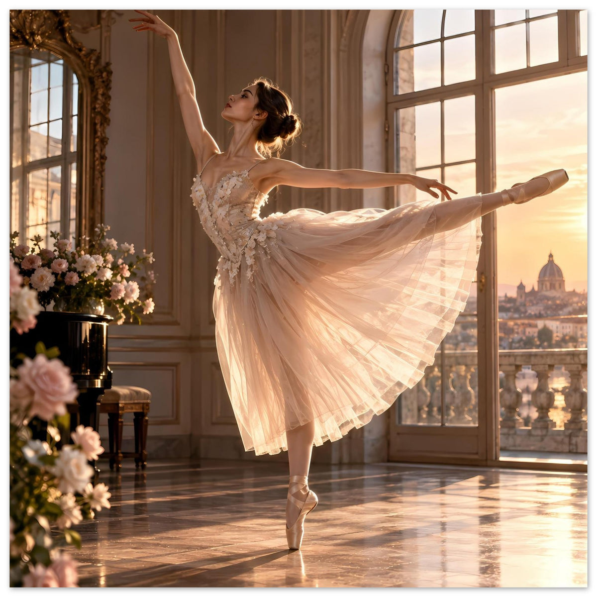 Poster: Ballerina im beigen Tutu mit Faltenrock, auf Zehenspitzen und weit ausgestreckten Armen