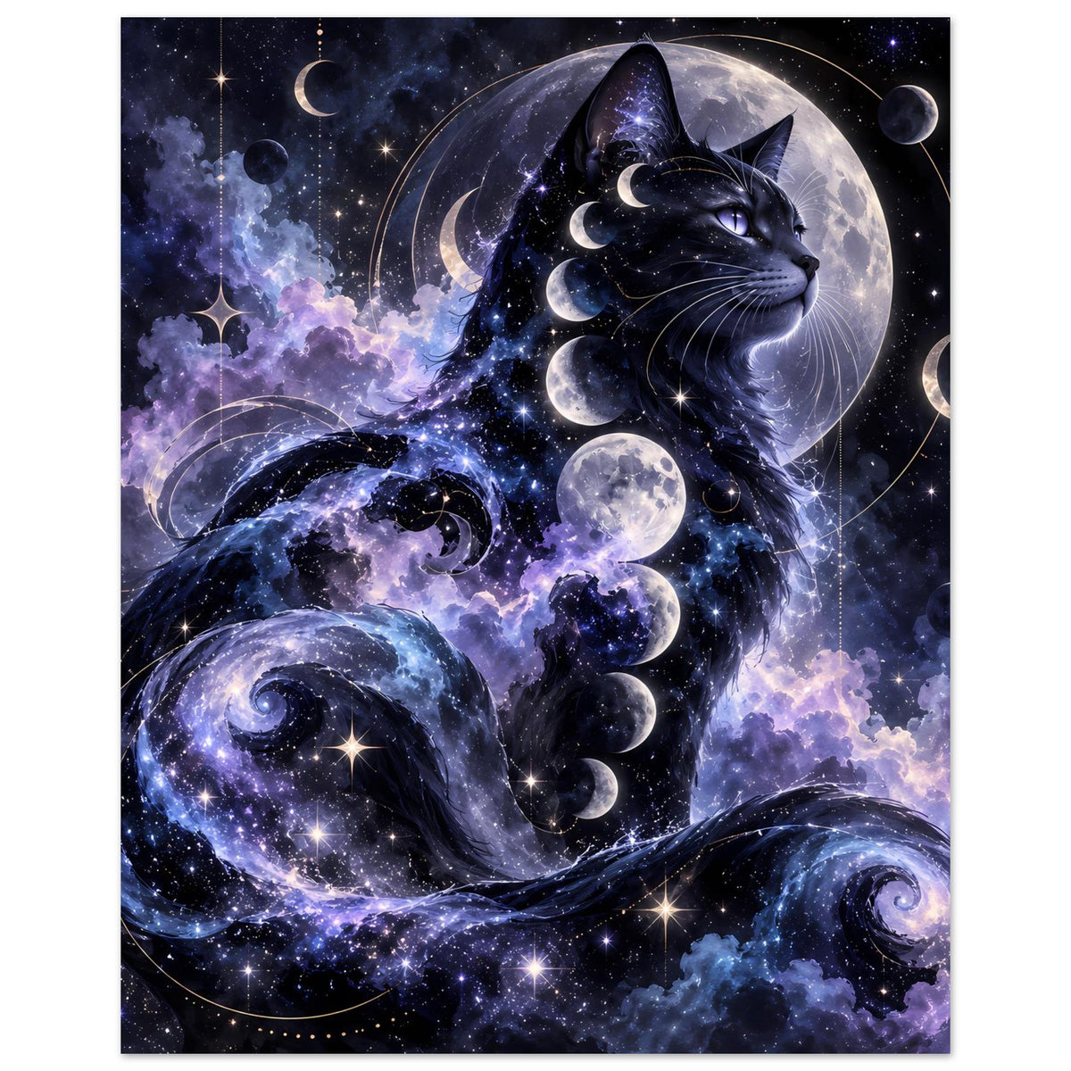 Poster mit schwarzer Galaxien-Katze in großem Mondkreis, umgeben von Sternen und Phasen.