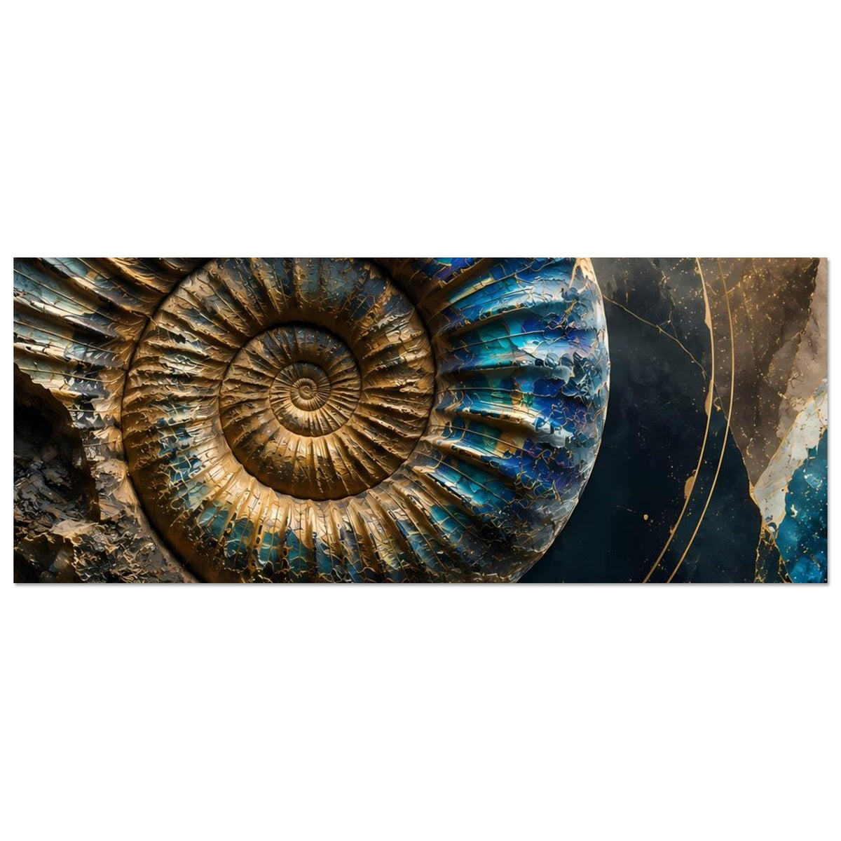 Kunstposter mit Ammonit-Fossil in Petrolblau und Gold, horizontal, großer Spiralbereich