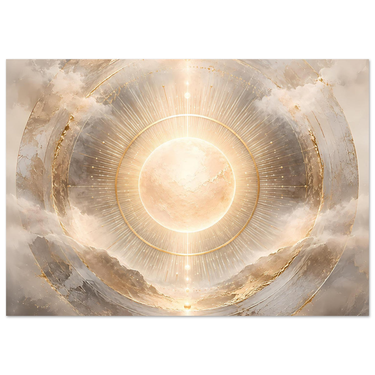 Kosmos-Poster im Querformat mit goldenen Kreisringen und leuchtender Sonnenmitte