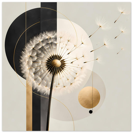 Poster mit Pusteblumen-Motiv, goldenen Akzenten, schwarzen und beigen Kreisen