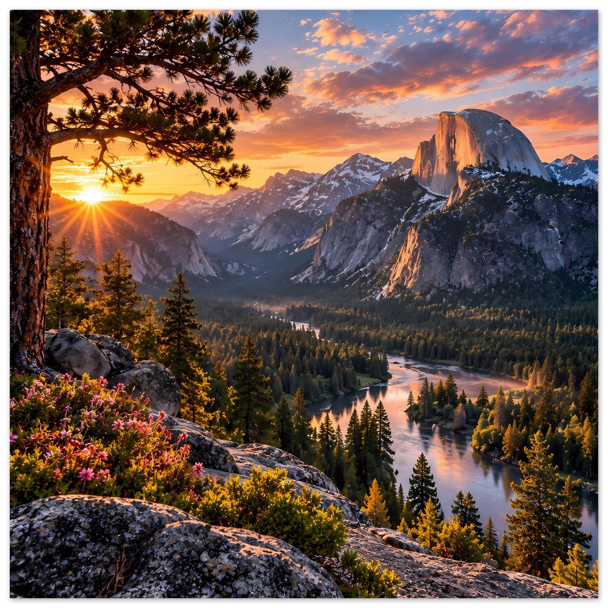 Poster mit Berglandschaft bei Sonnenuntergang: Fluss im Tal, Tannen und Felsgipfel