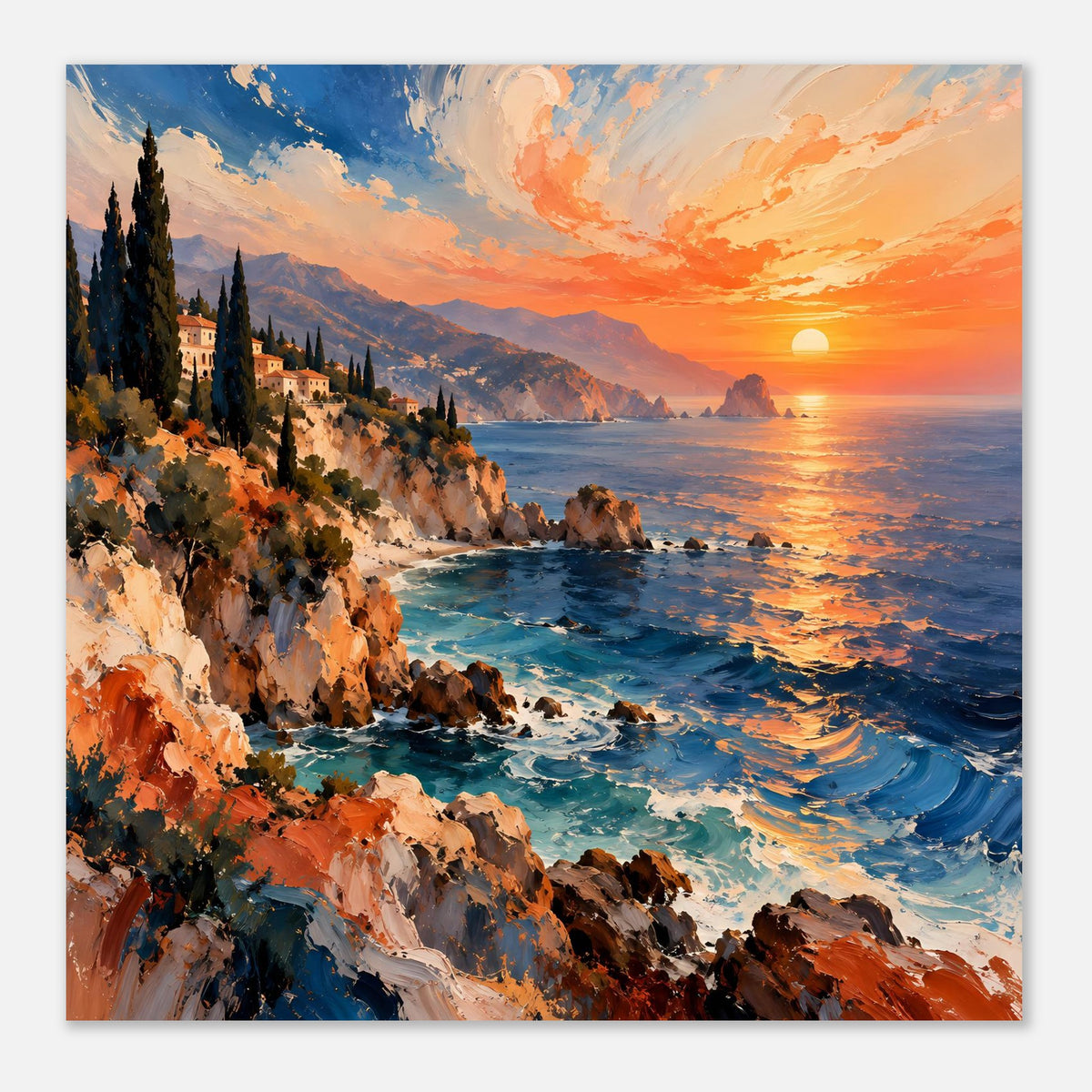 Poster: Nahansicht der Steilküste mit Wellen bei Sonnenuntergang