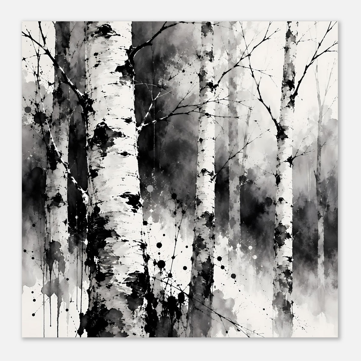 Monochromes Birkenwald-Kunstposter mit markantem Baumstamm-Muster und feinen Spritzpunkten