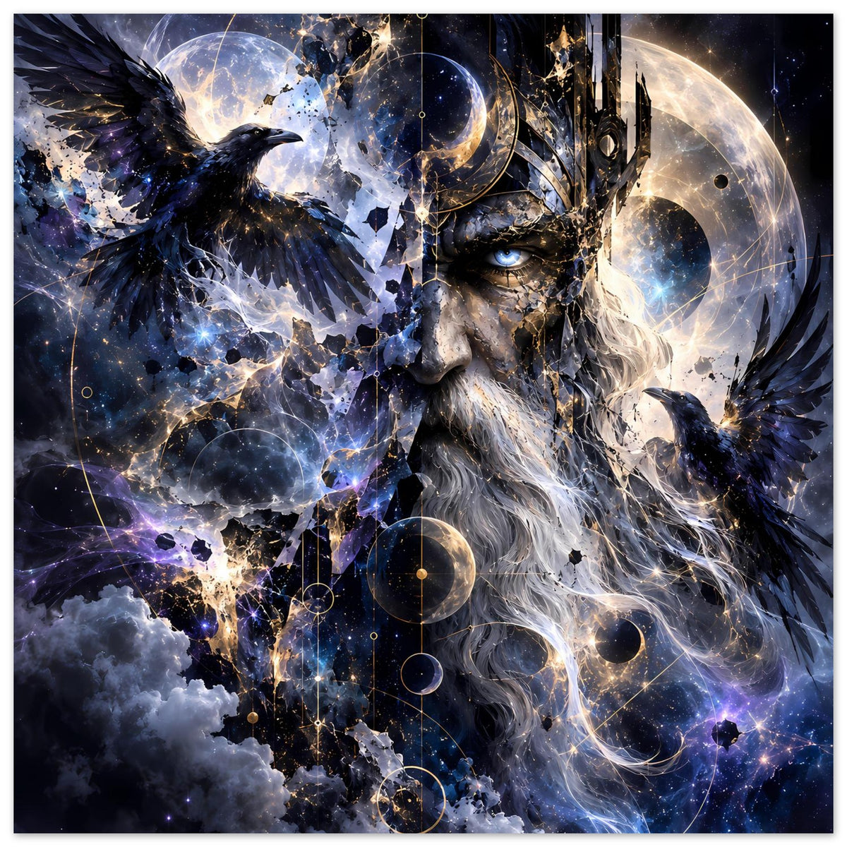 Fantasy-Poster: Sagenkönig-Gesicht mit Rabenflügeln, Sterne, planetarische Scheiben
