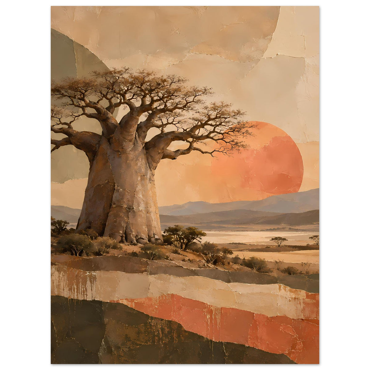 Naturposter: großer Baobab-Baum mit weitem Geäst vor Sonnenuntergang über Savanne.