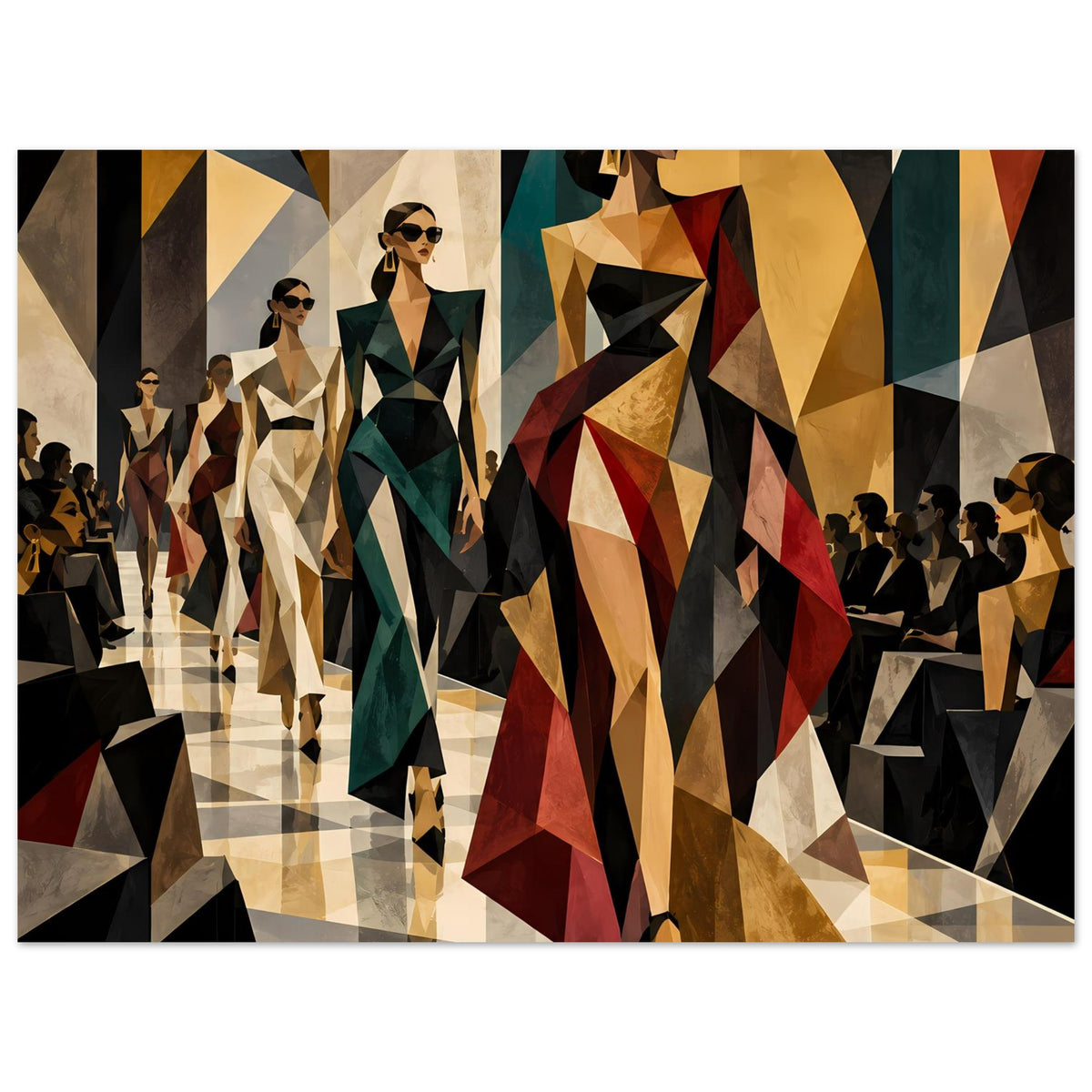 Fashion-Poster mit geometrischen Laufstegmotiven, beige-braune Flächen und dunkle Schatten