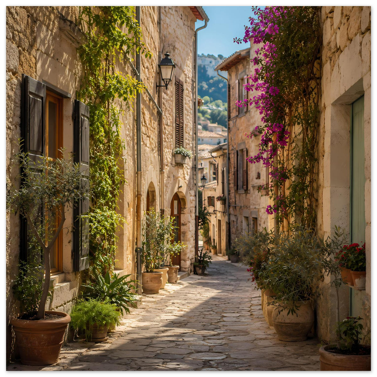Mediterranes Poster: Verschlungene Gasse mit Töpfen, Rankpflanzen und lila Blüten, gerahmt.