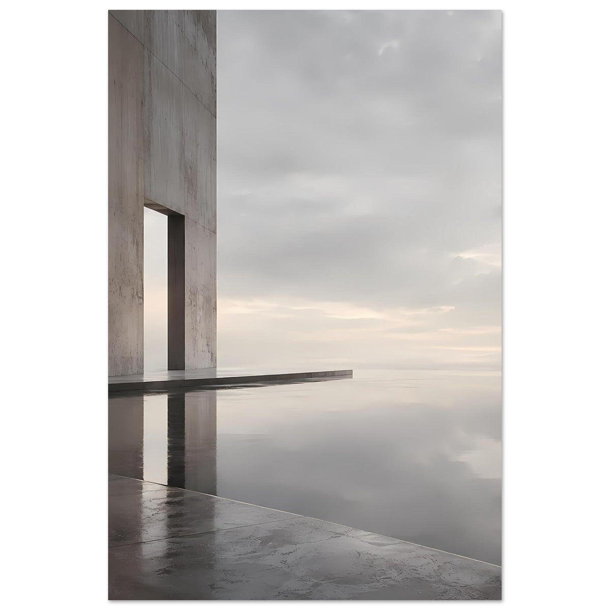 Vertikales Architektur-Poster mit Betonwand, reflektierender Fläche und hellgrauem Himmel