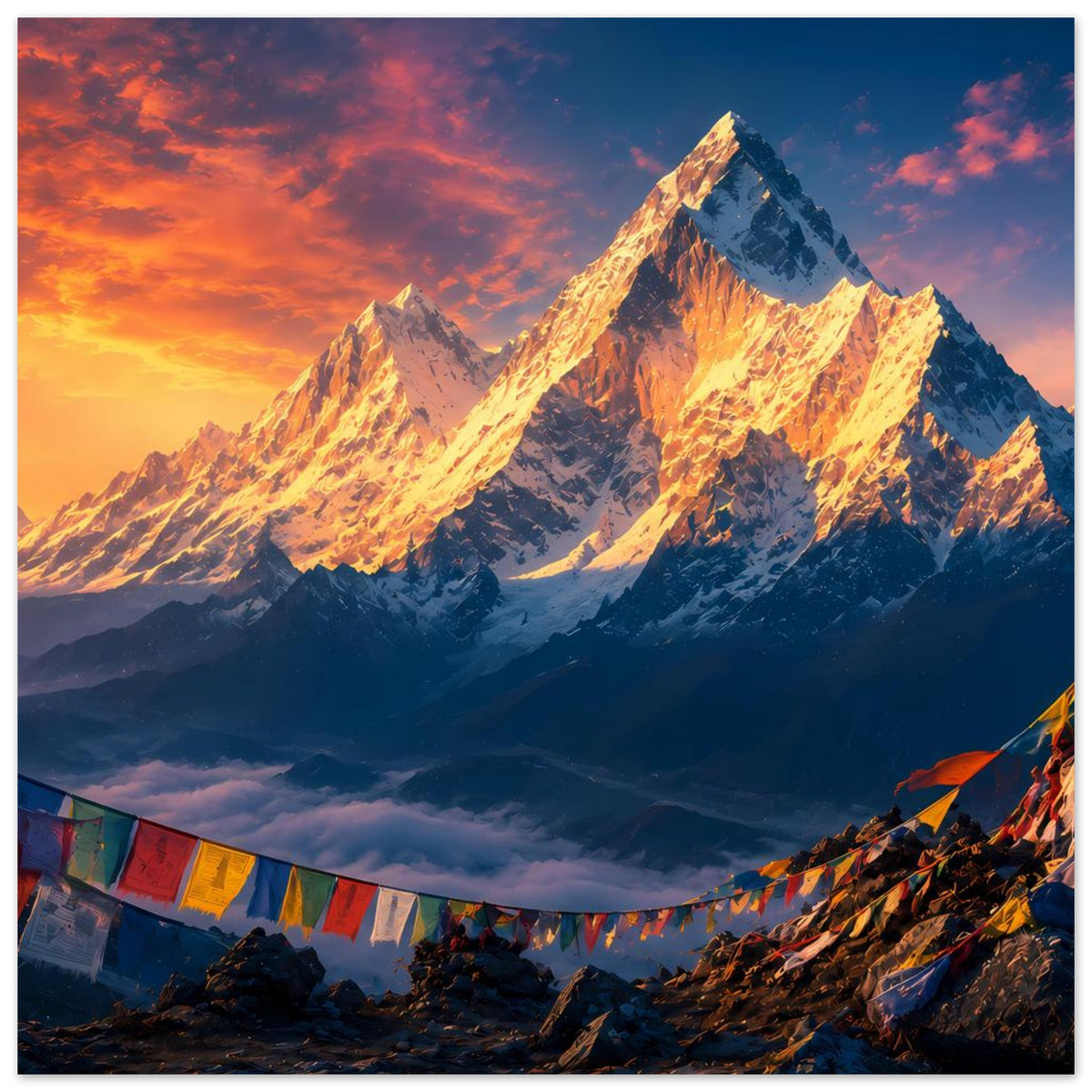 Horizontales Poster mit Gebirgslandschaft im Sonnenaufgang und Wimpelbanner am Hang