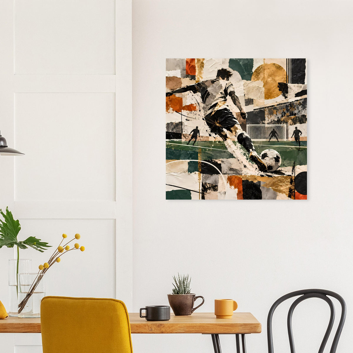 Kunstdruck Fußballspieler am Ball, collageartige Grafik mit Schwarz, Creme und Orange-Akzenten