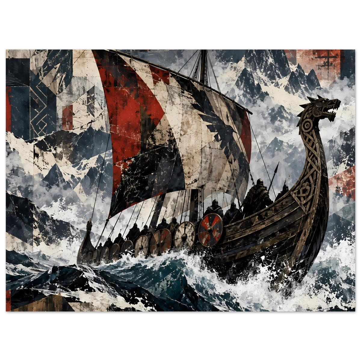 Wikinger-Langschiff Poster: großes Segelschiff mit Ruderreihen, Wellen und Bergkulisse