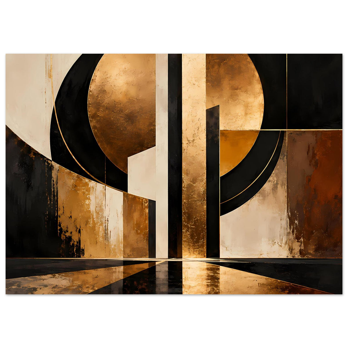 Abstraktes Art-Poster Gold und Schwarz, dominante Kreise und senkrechte Mittelstrebe