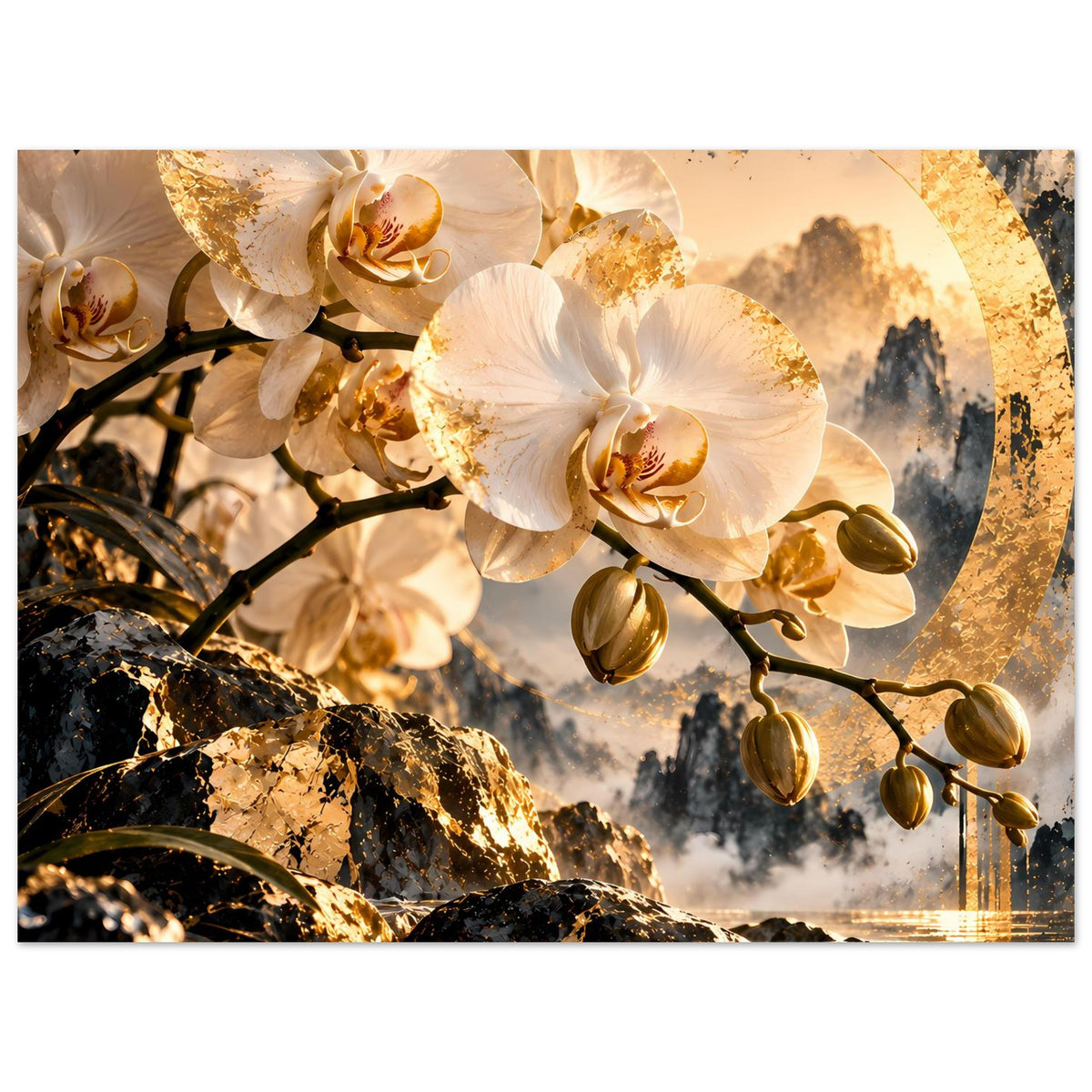 Breites Orchideenposter mit weißen Blüten, goldenen Akzenten, dunklen Ästen und Wasserreflexion