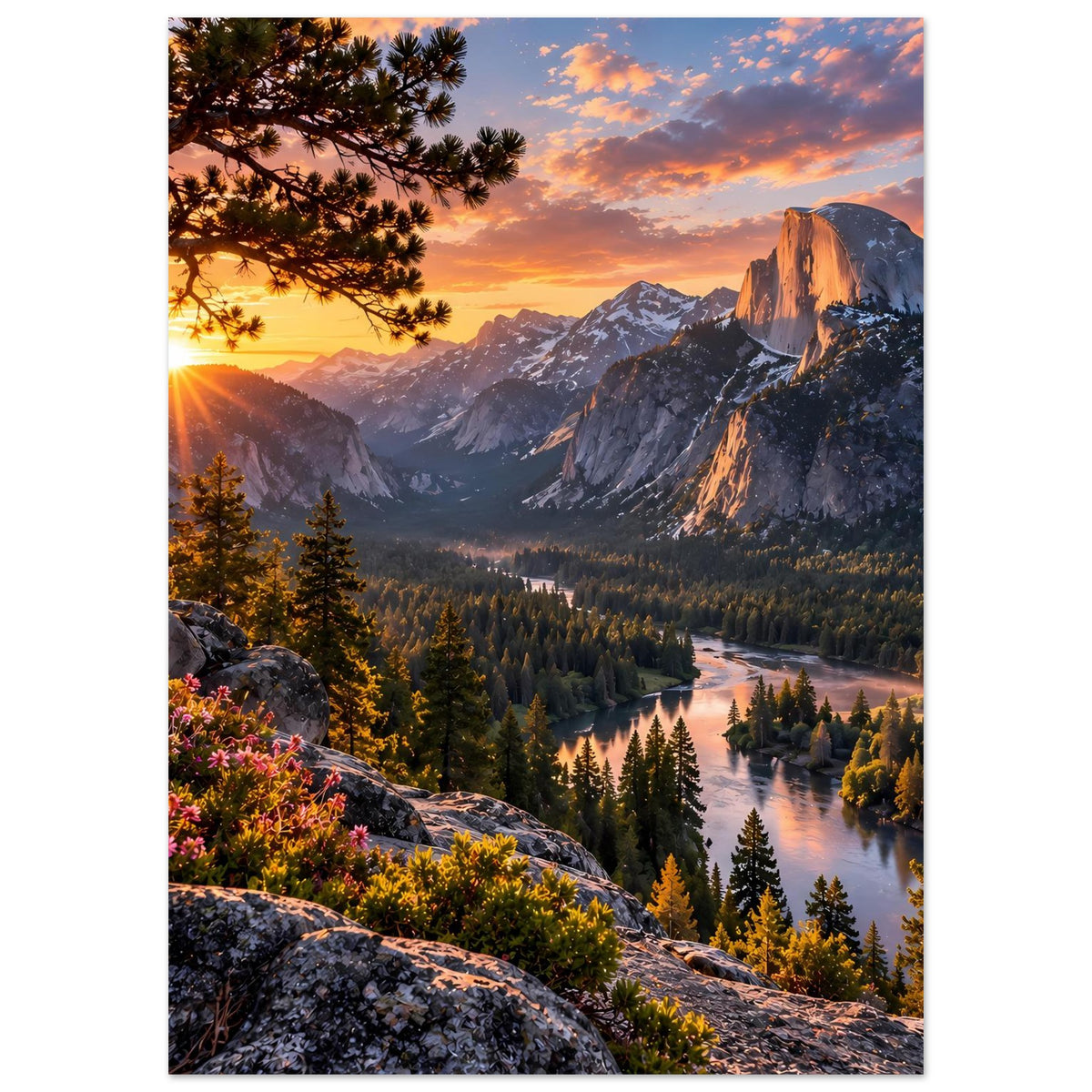 Poster mit Bergpanorama, orangefarbenem Himmel bei Sonnenaufgang, Wald und Fluss im Tal