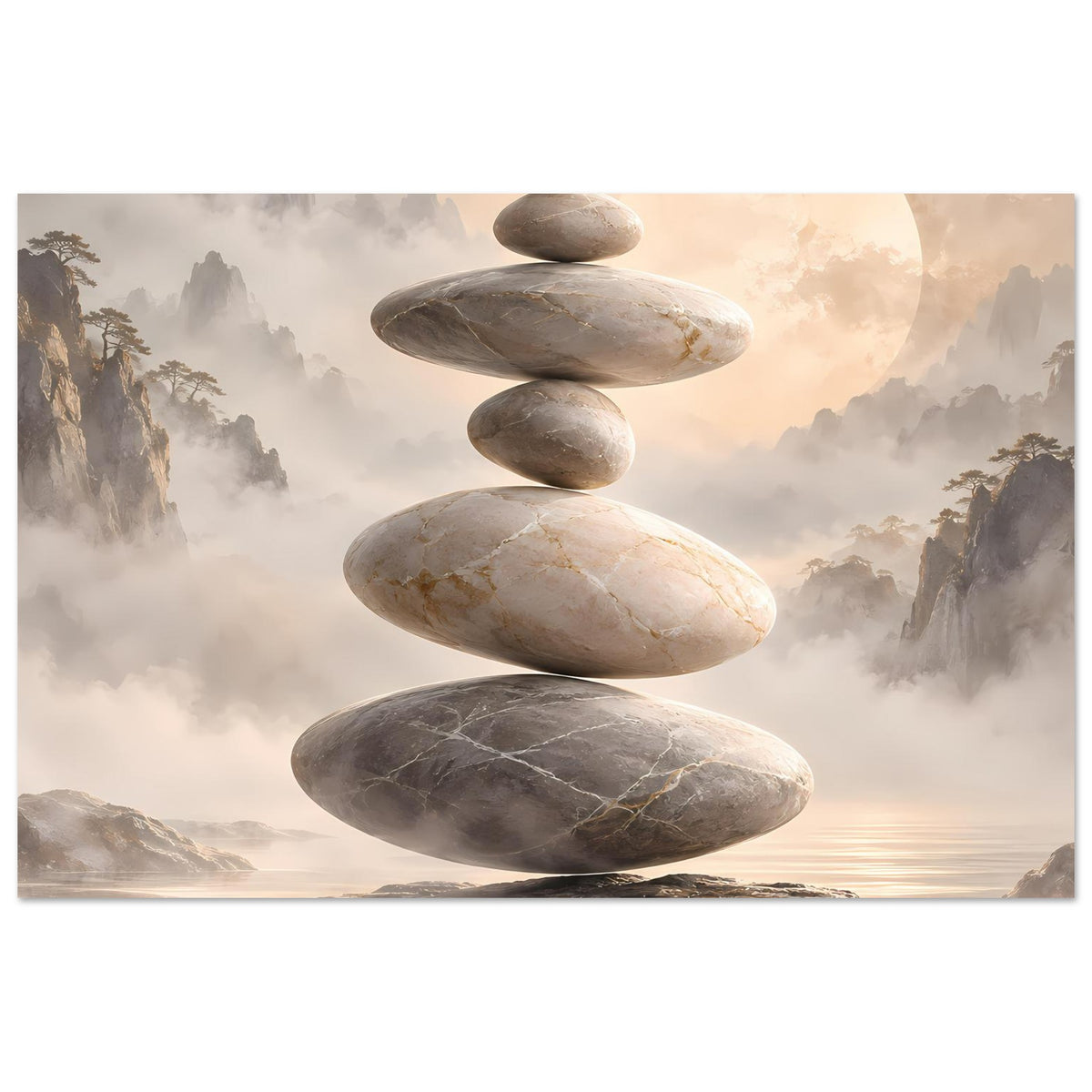 Zen-Steine in Balance vor nebligem Hintergrund in sanften Beige- und Grautönen – Posteransicht 30