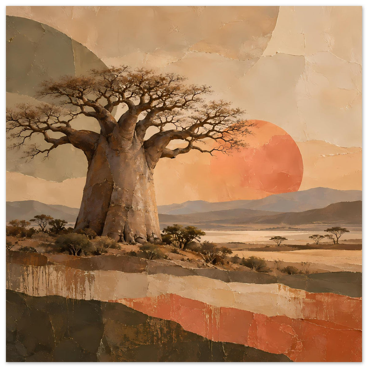 Naturposter: Baobab-Baum vor großem Sonnenkreis, Hintergrund mit Ebenen und Büschen