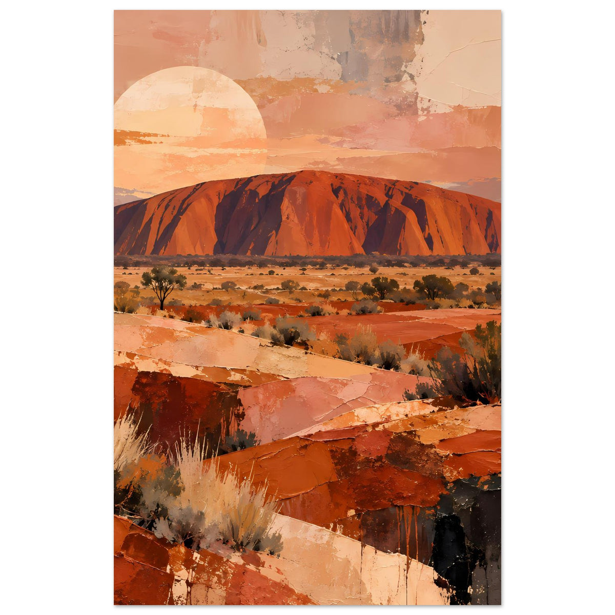 Vertikales Wüstenlandschafts-Poster mit Ayers Rock, Sonne und Dünen in warmen Erdtönen