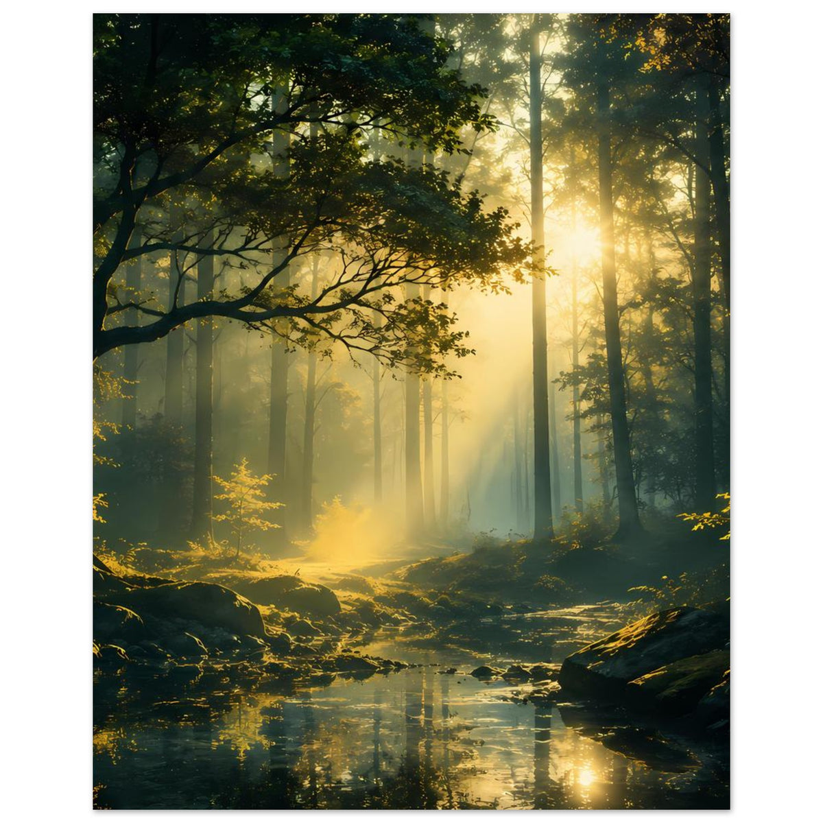 Waldlicht-Poster: Sonnenlicht zwischen Baumstämmen, Waldlichtung, Bachlauf mit spiegelnder Oberfläche
