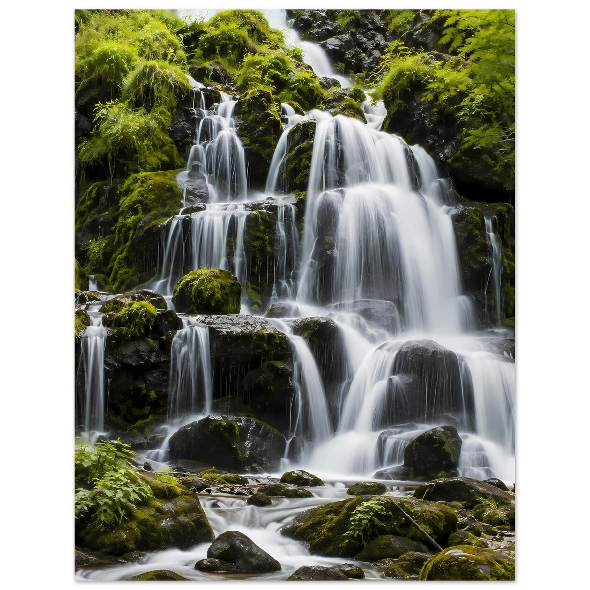 Wasserfall-Poster mit stürzenden Wasserläufen und Moosfelsen, grün-schwarz-weiß